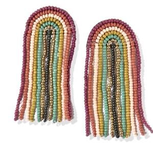 Ink + Alloy Skylar Rainbow Stripe Beaded Fringe Earrings Muted Rainbow